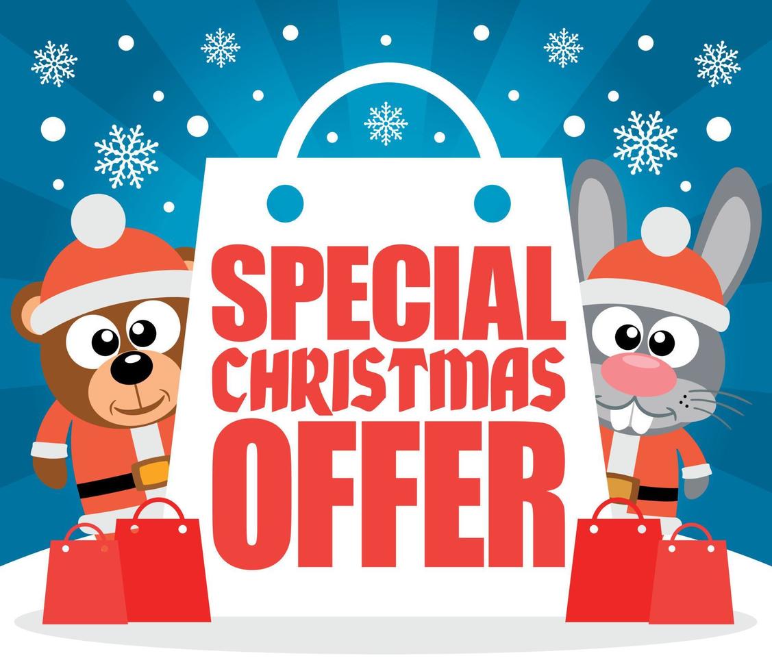 Special Christmas Offer card with bear and rabbit ,vector vector