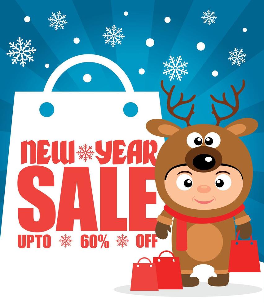 New Year sale background up to 60 off with child in costume deer vector