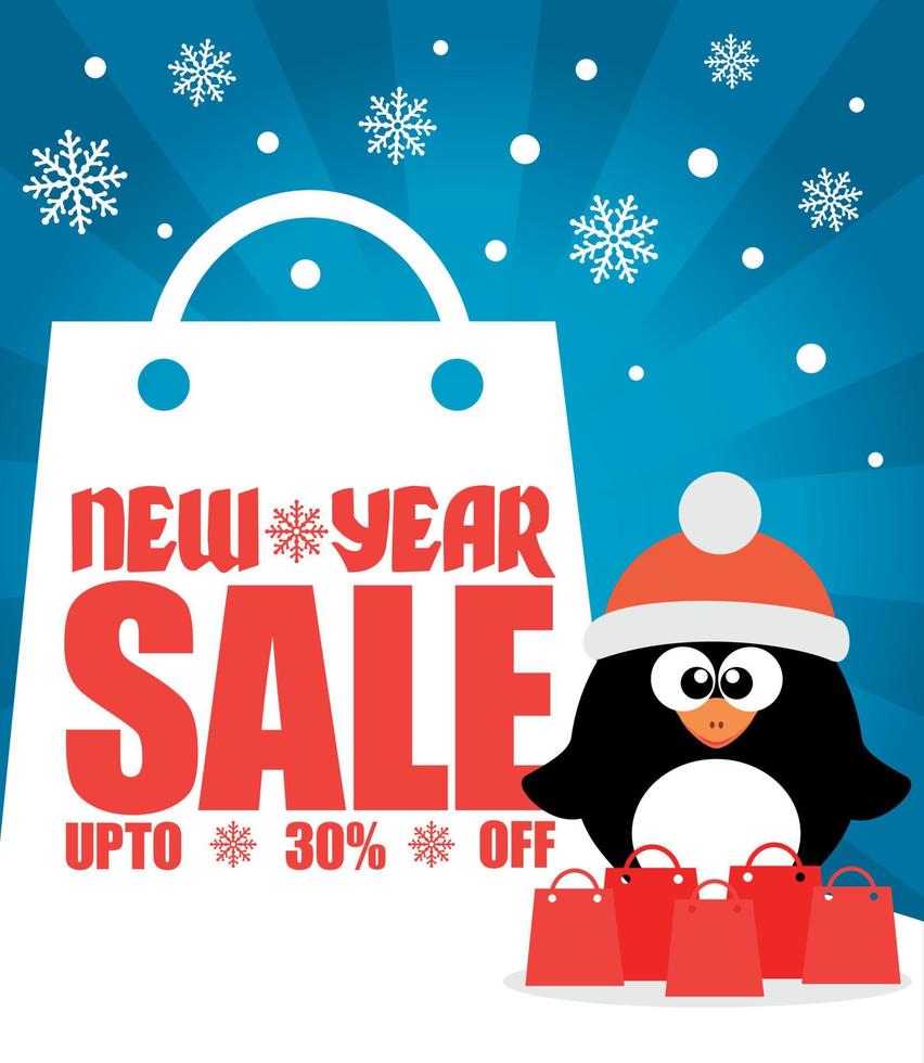 New Year sale background with penguin up to 30 off vector