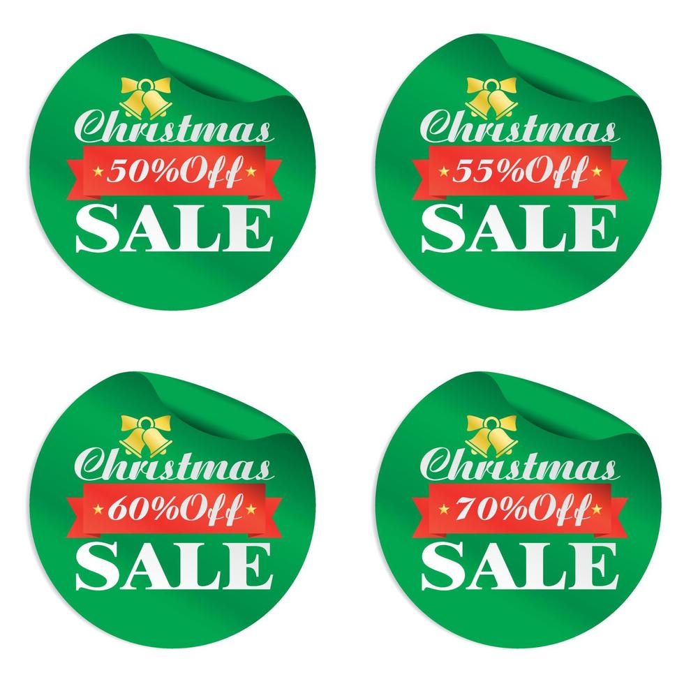 Christmas sale green stickers set 50, 55, 60, 70 off with gold bell and red ribbon vector