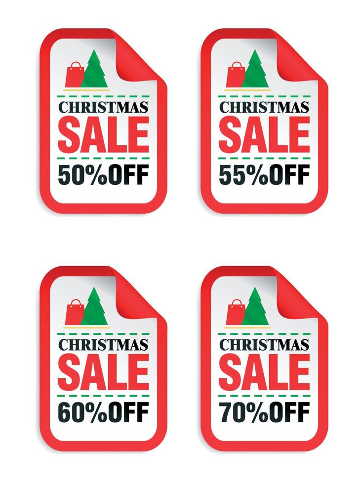 Set of Christmas sale stickers. Christmas sale 50, 55, 60, 70 off. Stickers with shopping package icon, Christmas tree icon vector