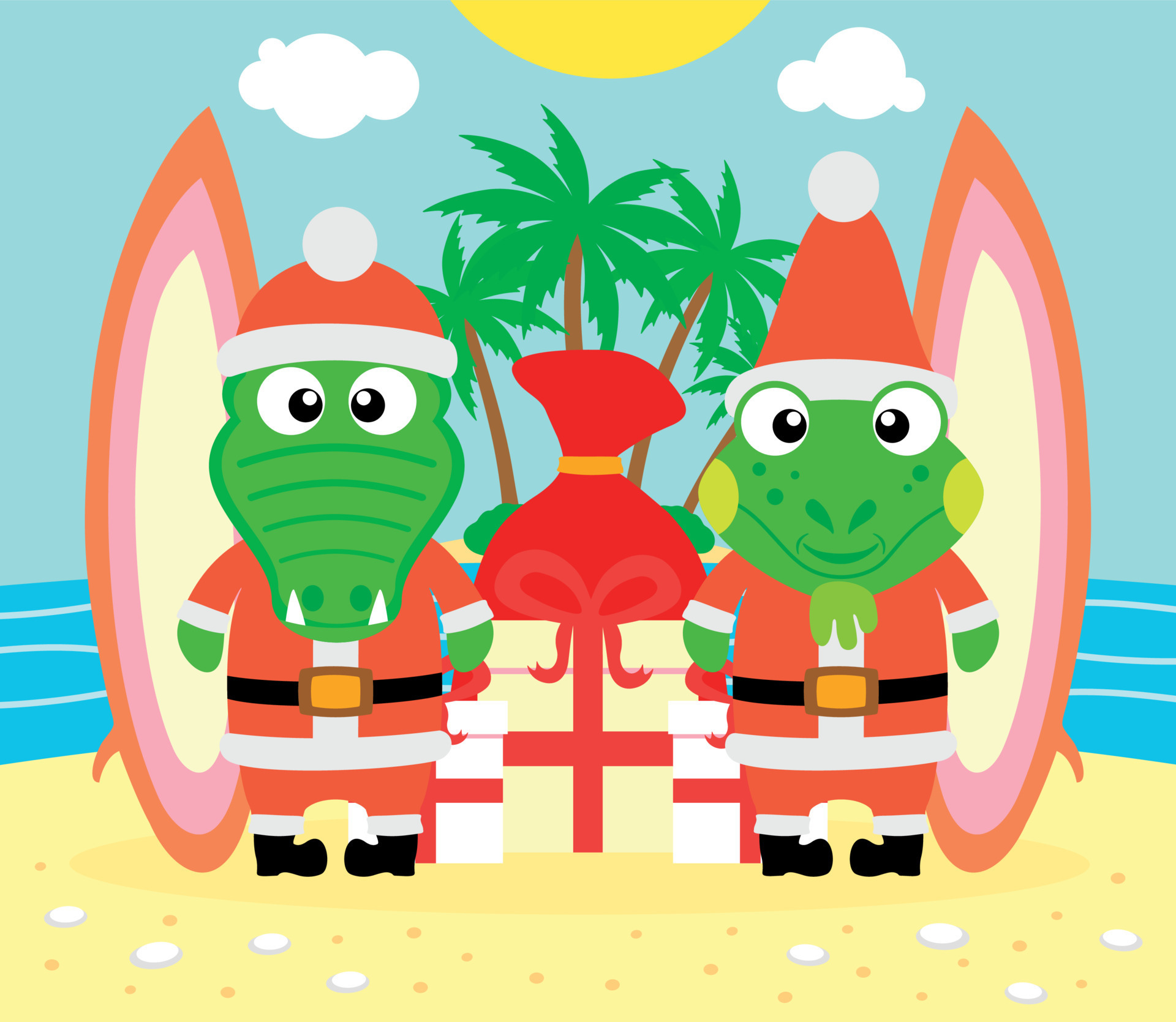 Tropical Christmas background with alligator and iguana ,vector
