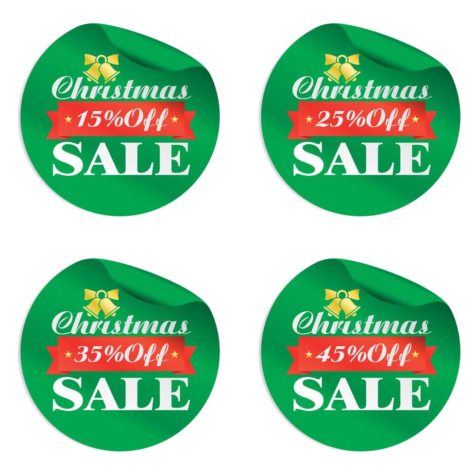 Christmas sale green stickers set 15, 25, 35, 45 off with gold bell and red ribbon vector