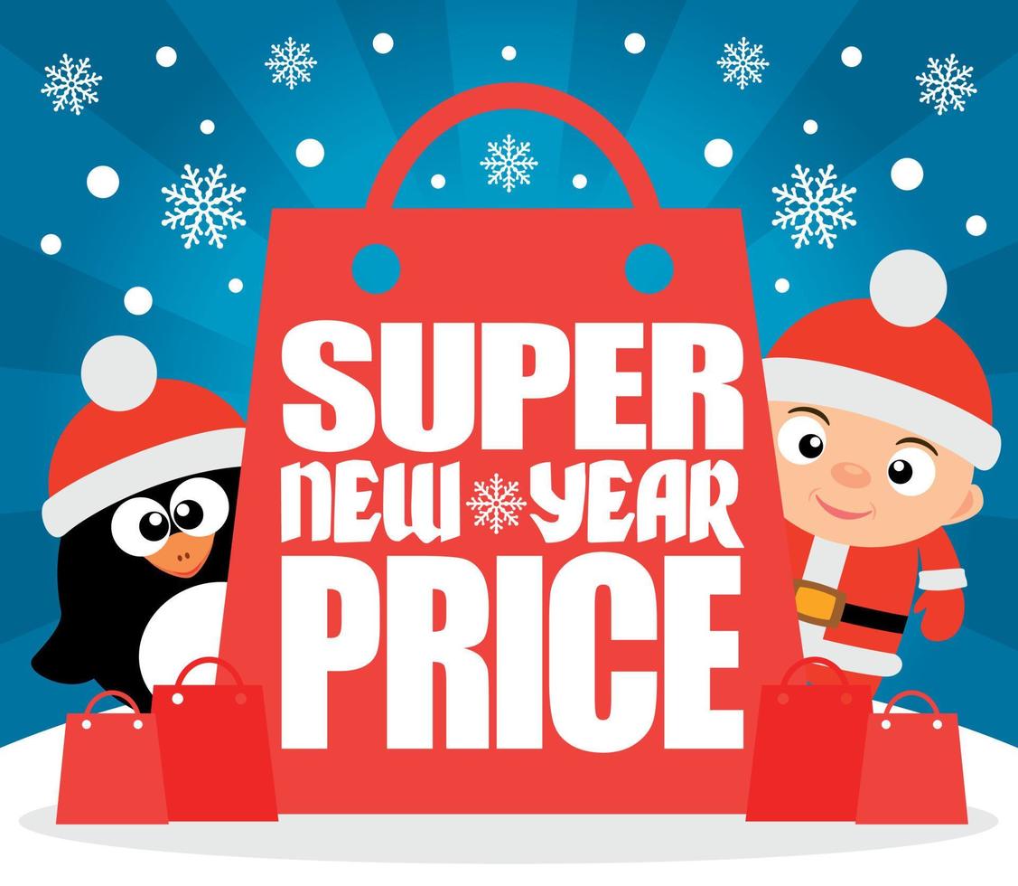 super tarjeta de precio de año nuevo con niño y pingüino vector