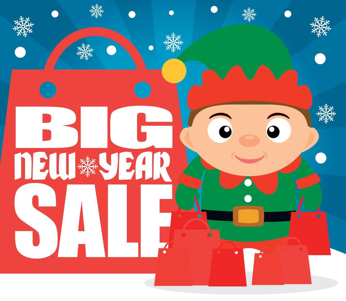 Big New Year sale background with child in costume elf vector