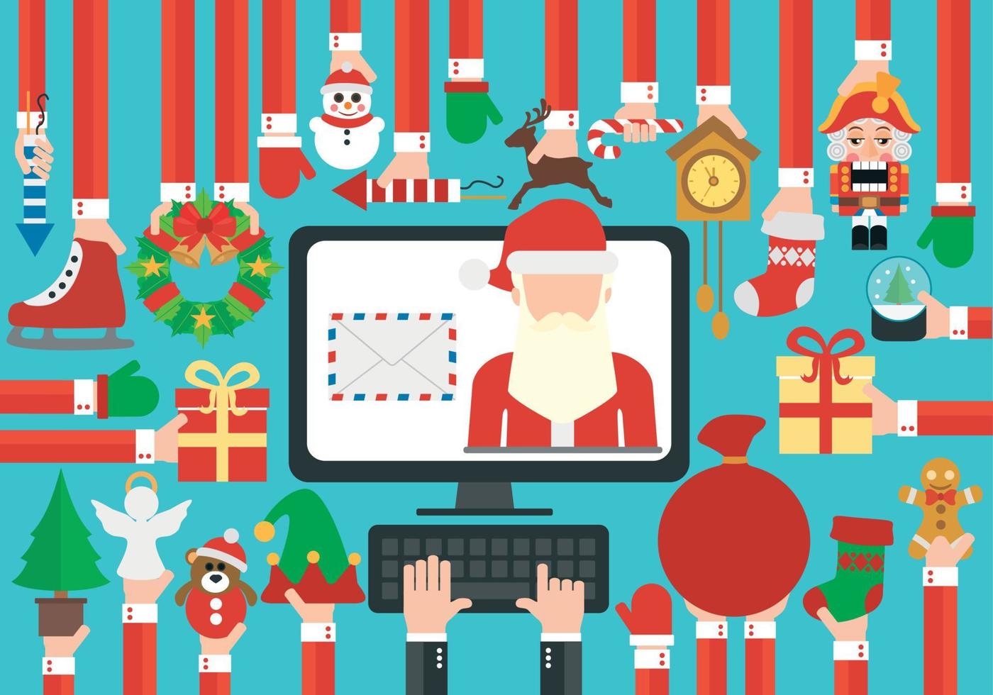 feliz navidad, feliz año nuevo diseño moderno plano en línea enviando carta con santa claus vector