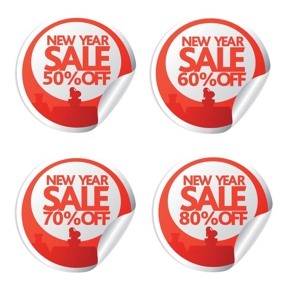 New Year sale stickers 50,60,70,80 with santa climbs into the chimney vector