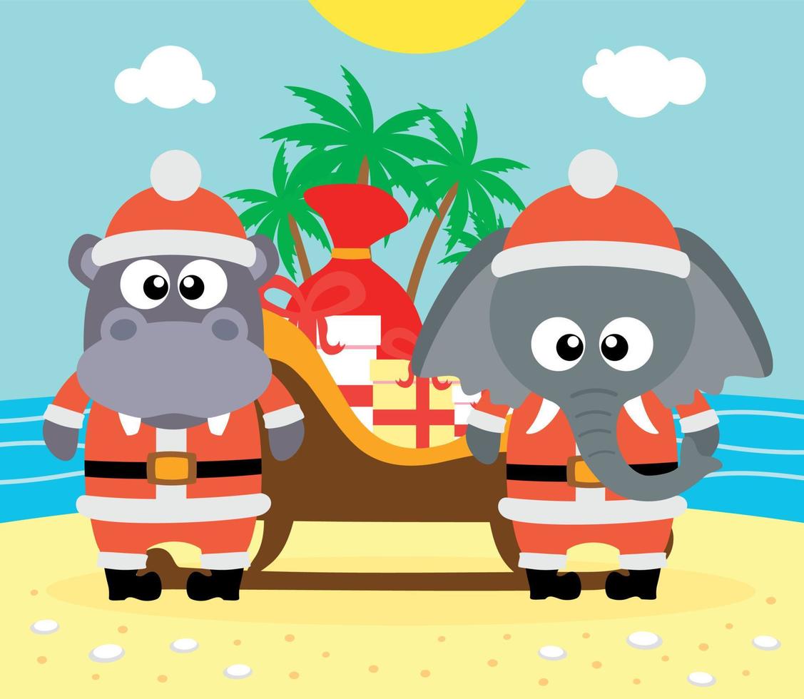 fondo de navidad tropical con elefante e hipopótamo, vector