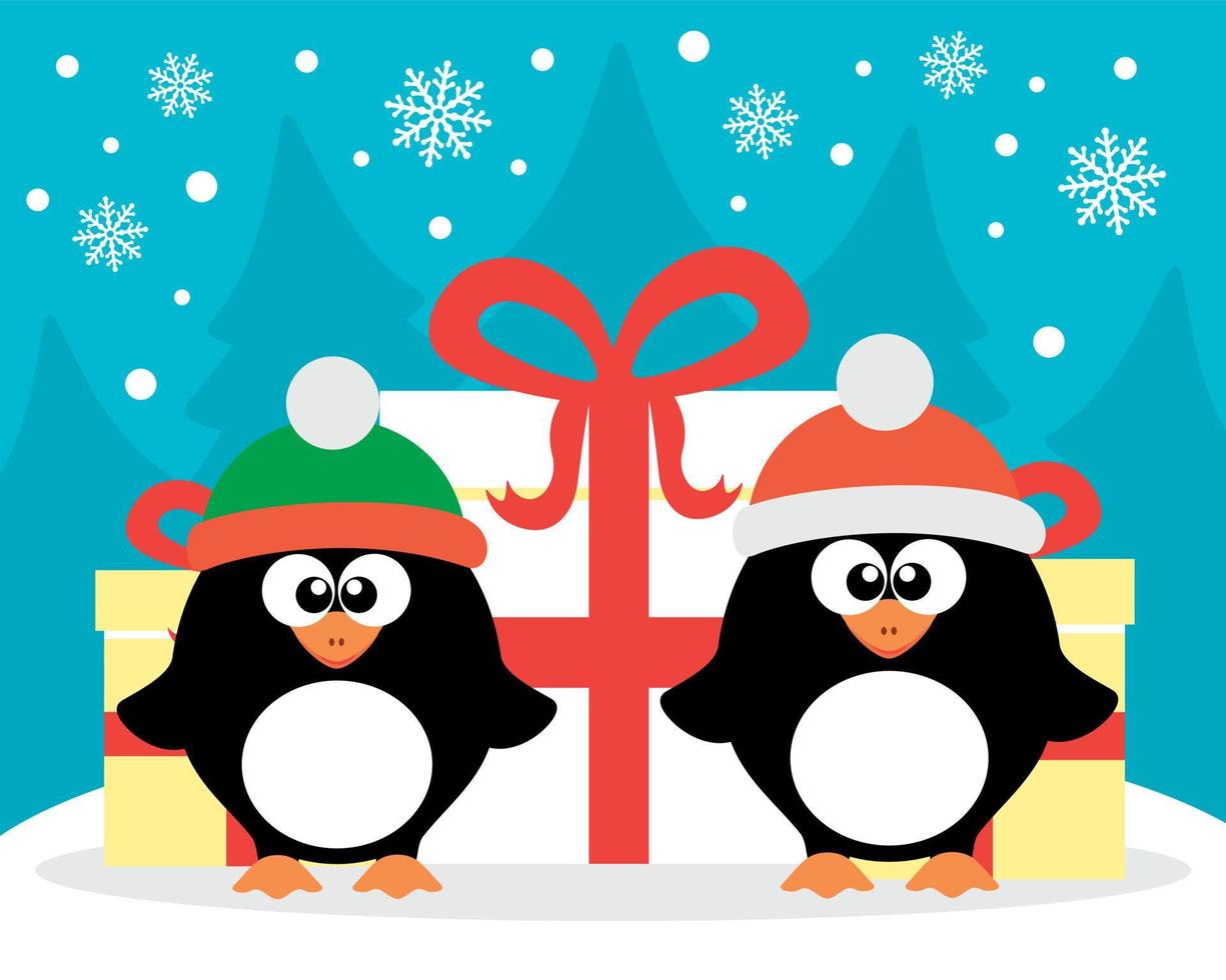 tarjeta de feliz año nuevo con pingüino santa claus y elfo pingüino vector