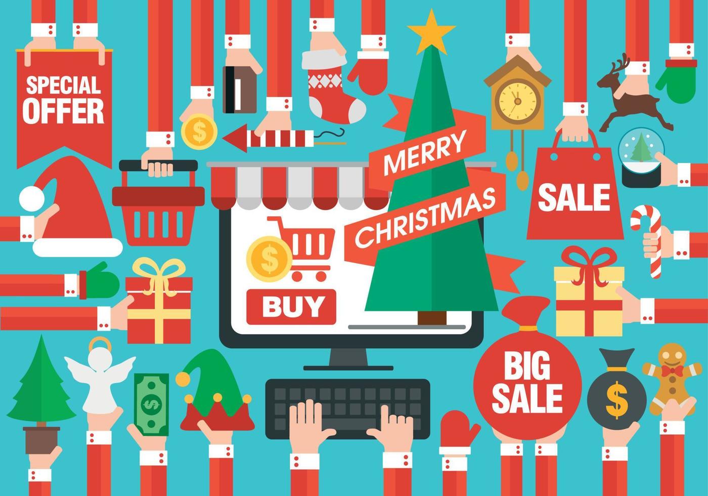 plano de diseño de venta de navidad con árbol de navidad. compras en línea en computadora o sitio web vector