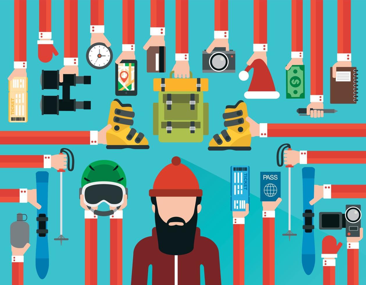 New Year travel design flat with skier vector