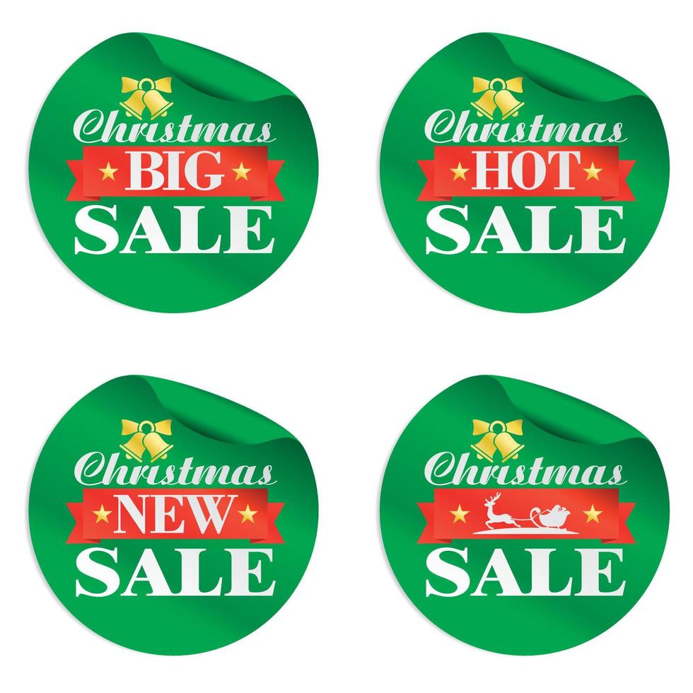 Christmas sale green stickers set big, hot, new sale with gold bell, red ribbon and Santa Claus vector