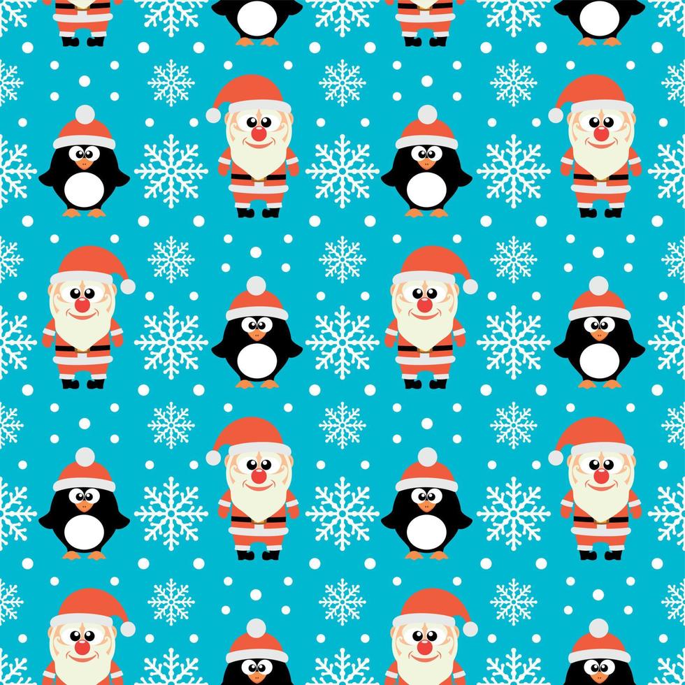 New Year seamless with many Santa Claus and penguins vector