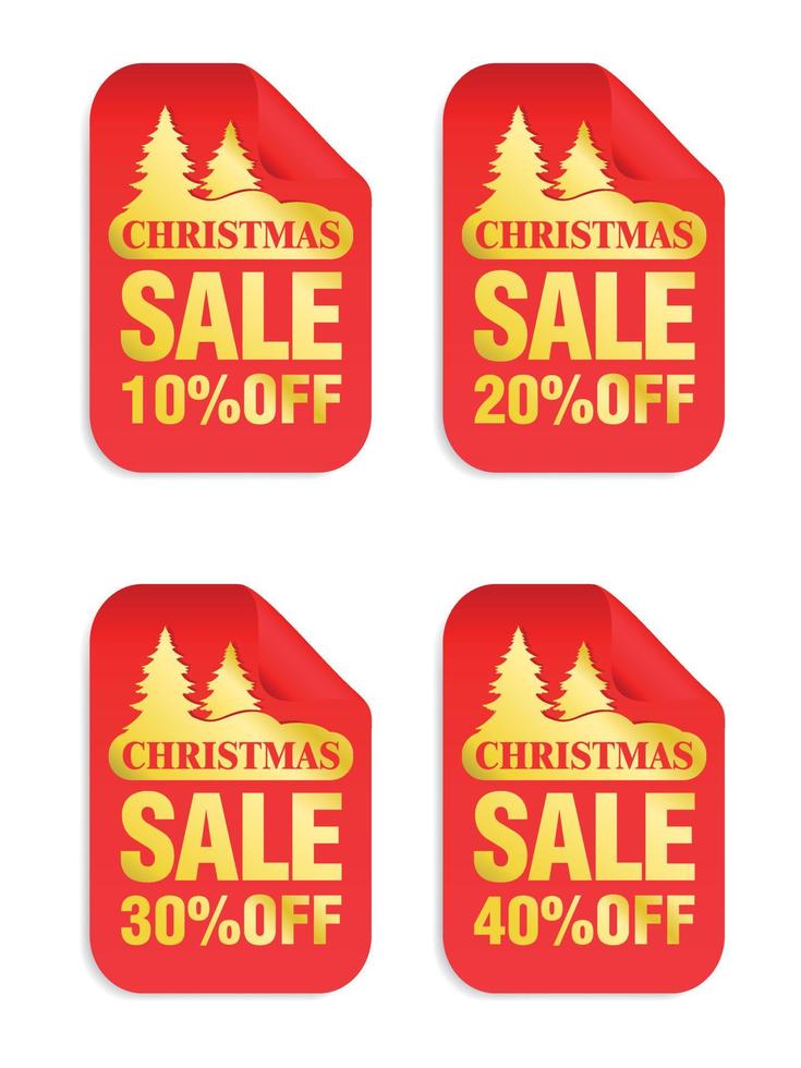 Christmas red stickers set with gold sale text. Sale 10, 20, 30, 40 off vector