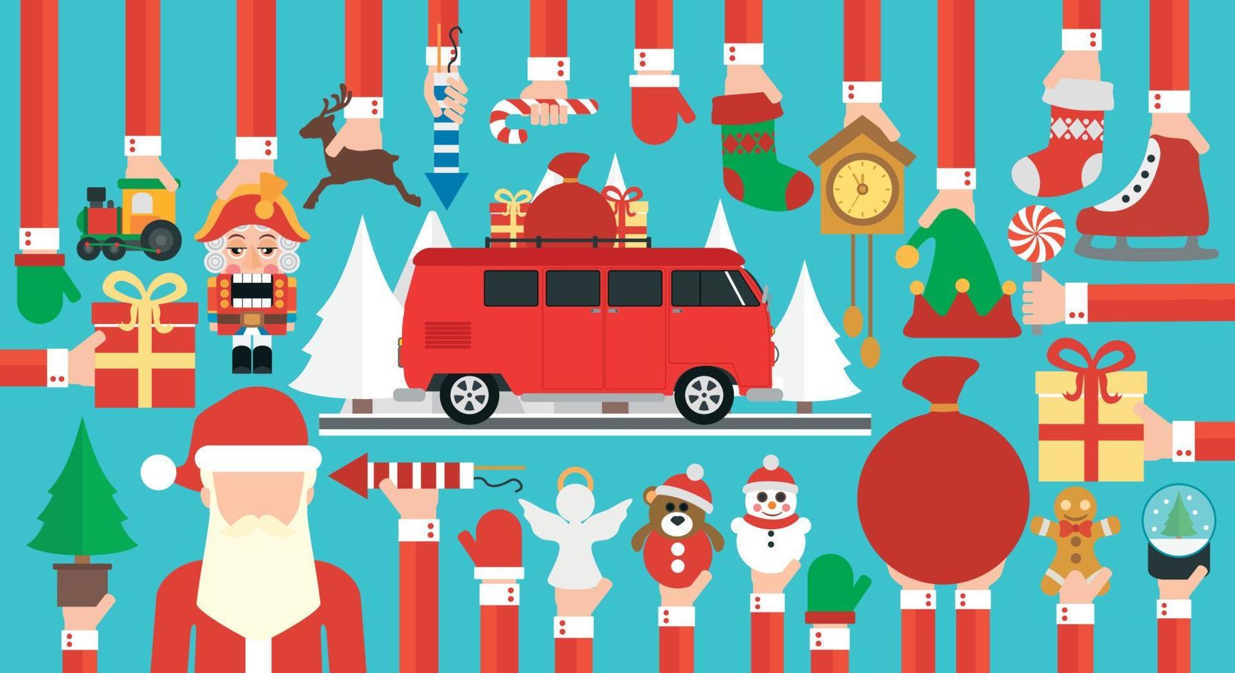 Merry Christmas design flat with christmas bus and Santa Claus vector