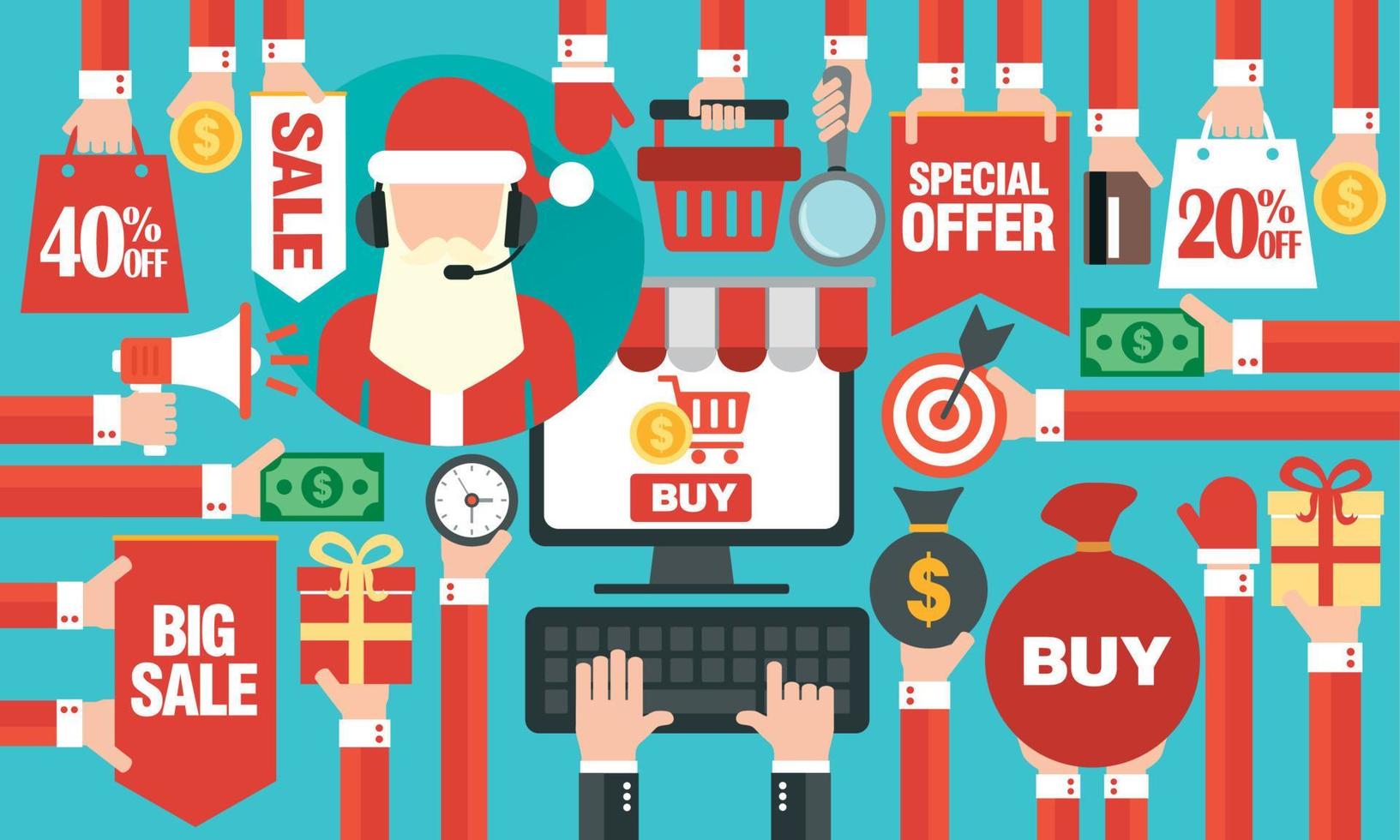 Online shopping concept design Christmas sale flat, with computer and online Santa Claus vector