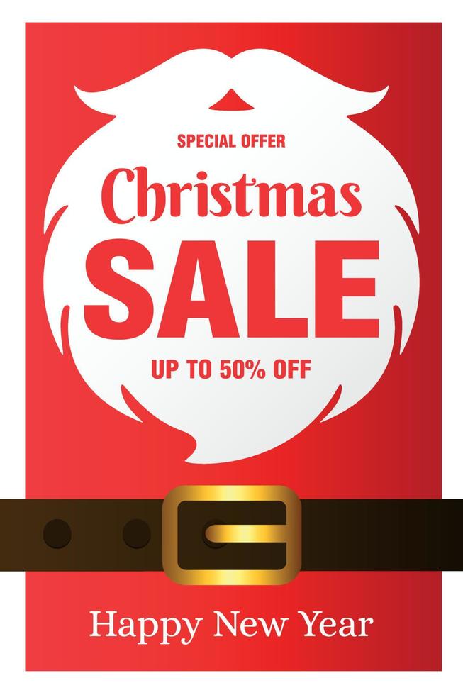 Christmas sale, Happy New Year. Christmas sale banner design with 50 Discount. Santa's beard on a red background vector