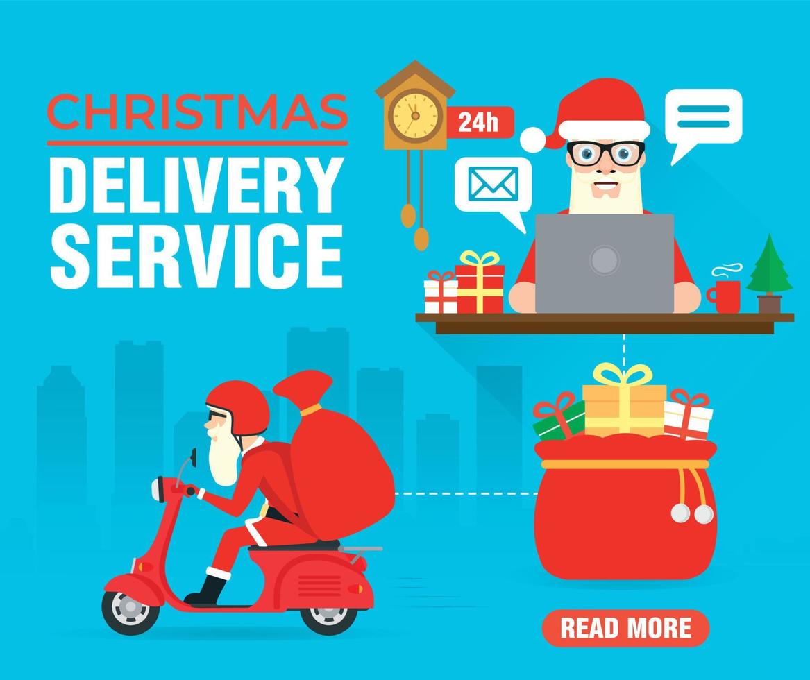 Christmas delivery service concept design flat with delivery scooter motorcycle. Santa Claus sends gifts vector