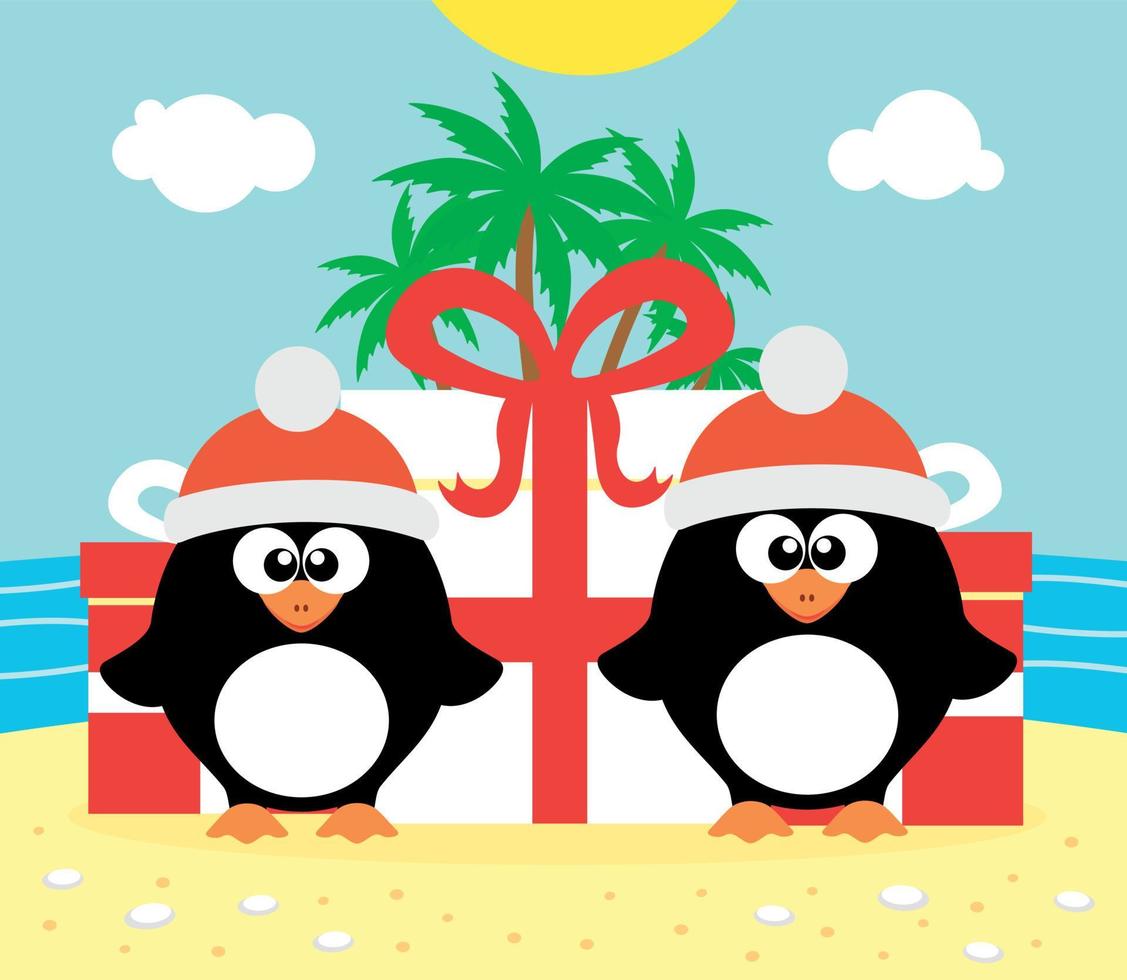 Tropical Christmas background with two penguins vector