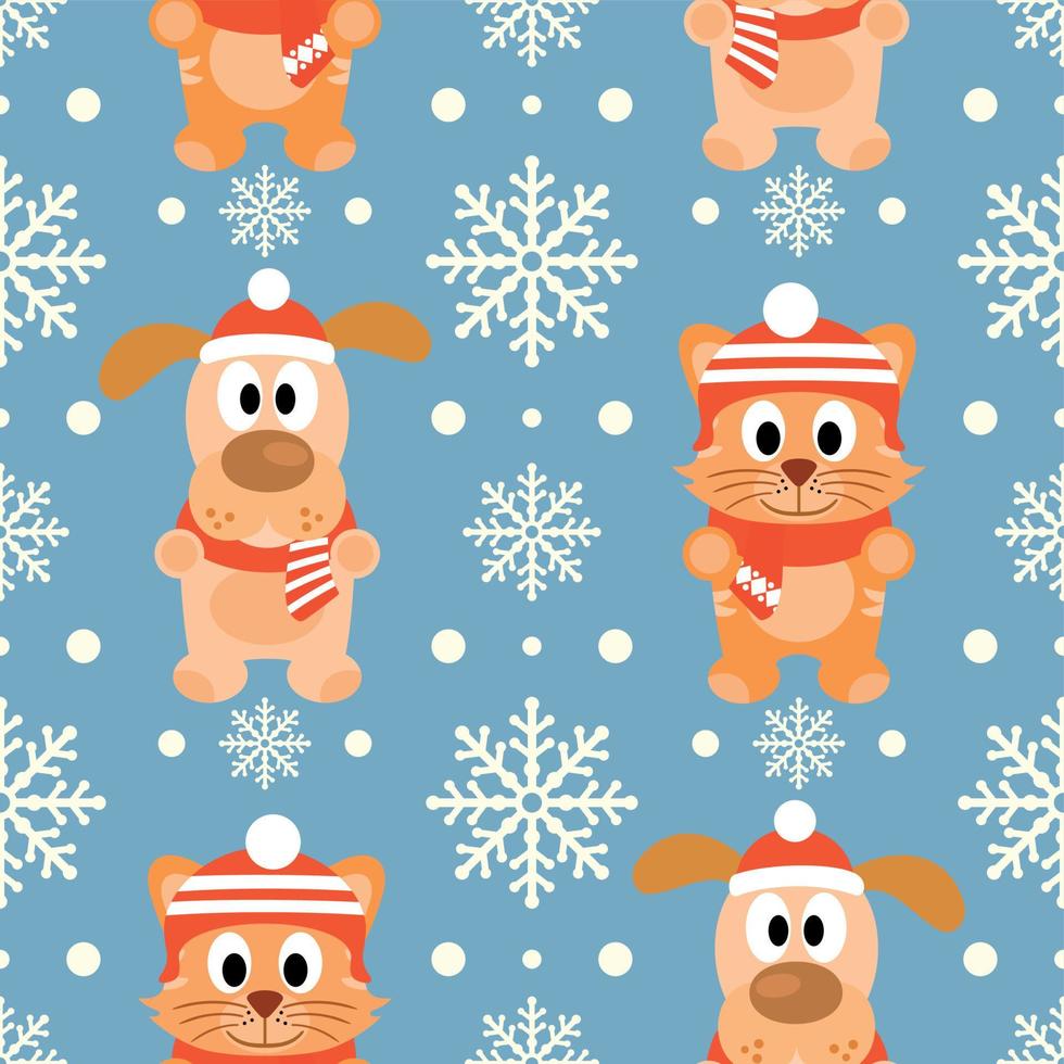 New Year seamless background with funny cat and dog card vector