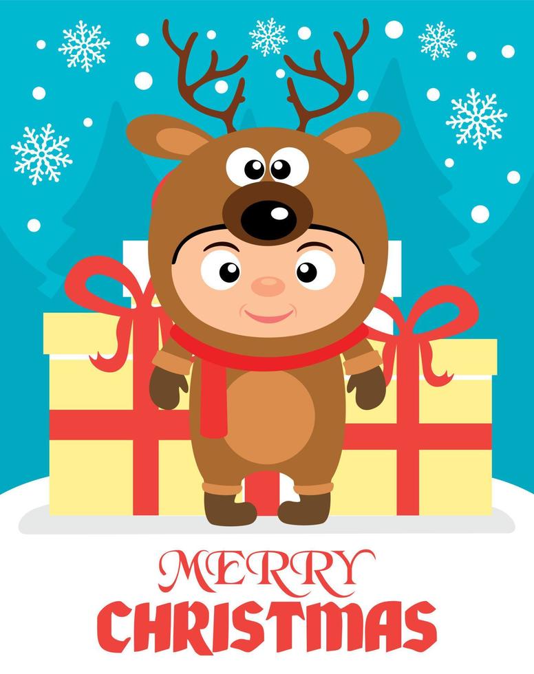 Merry Christmas background with child in costume deer vector