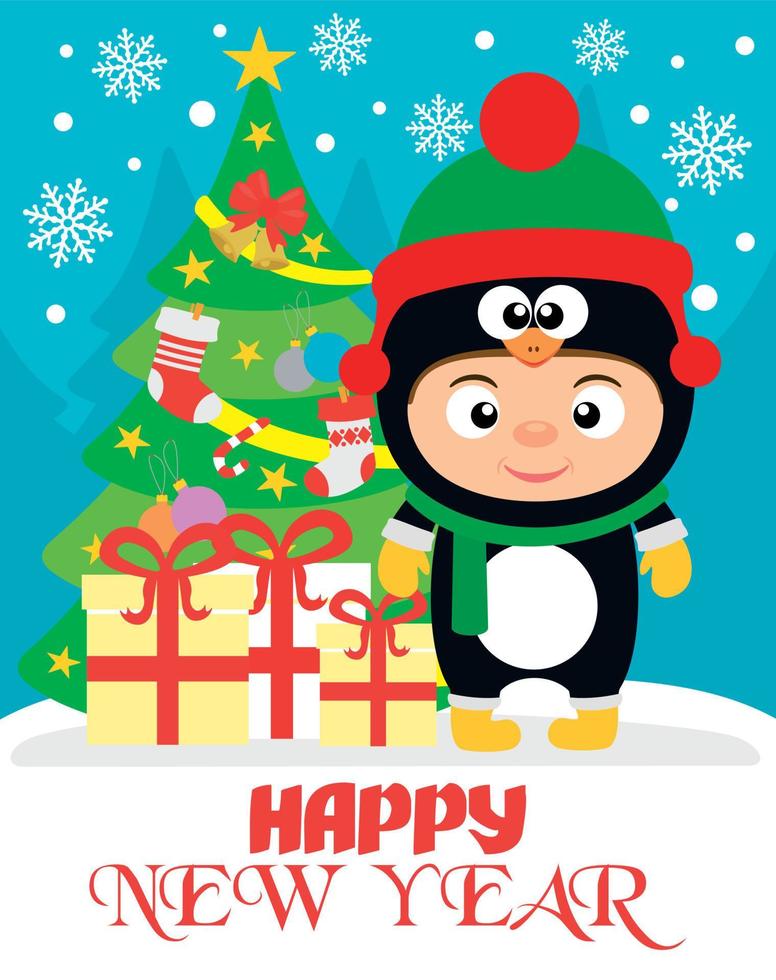 Happy New Year background with child in costume penguin vector