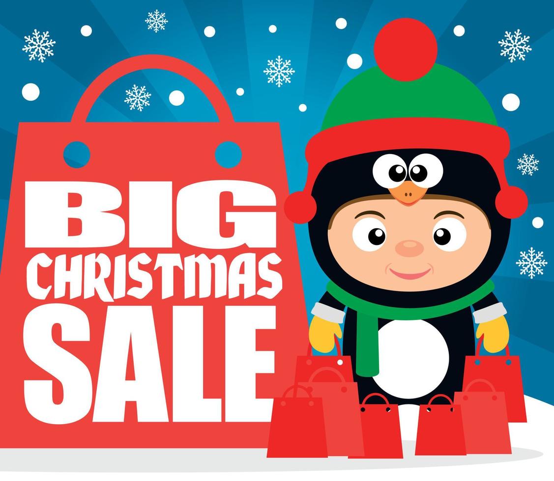 Big Christmas sale background with child in costume penguin vector