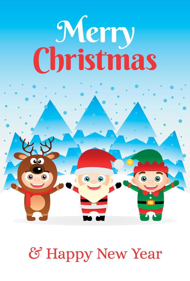 Merry Christmas and Happy New Year poster with kids in costumes Santa, Elf and Deer. Merry Christmas and Happy New Year greeting card vector