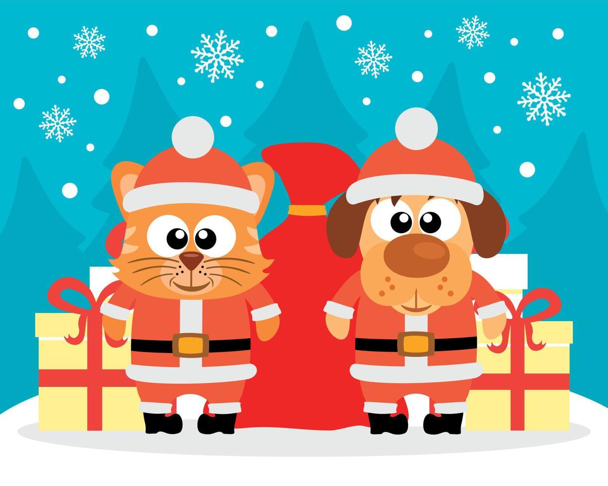 Happy New Year card with cat and dog santa claus vector