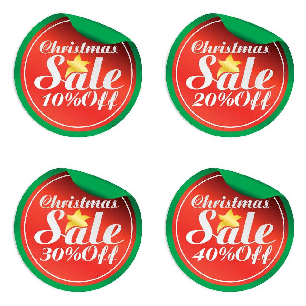conjunto de pegatinas de venta de navidad rojo, verde 10, 20, 30, 40 de descuento vector