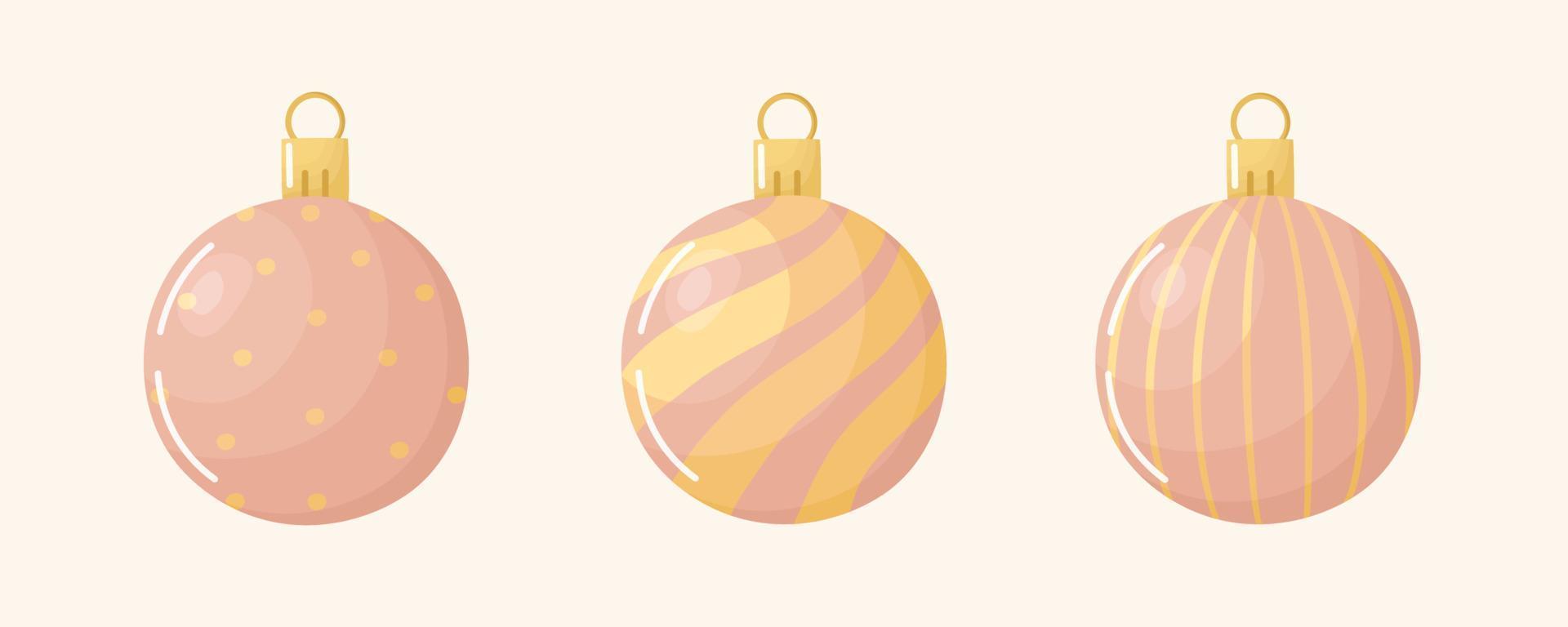 juego de bolas de navidad de dibujos animados. juguetes para árboles de vacaciones, decoraciones para abetos navideños. elementos de diseño para tarjetas de felicitación. ilustración vectorial plana. vector