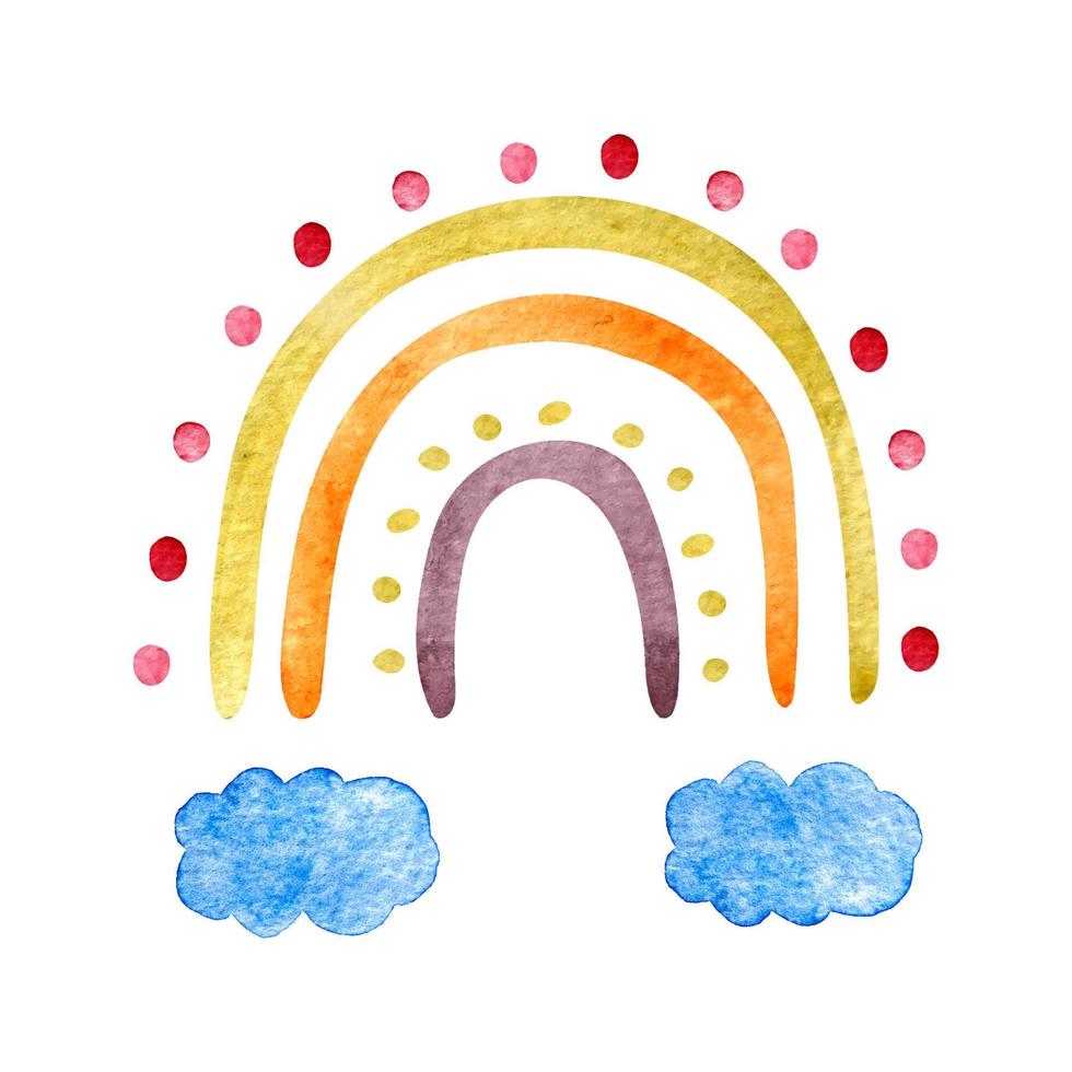 Cute hand drawn blue watercolor rainbow with blue clouds. Boho style vector watercolor rainbow. Perfect for boho style design and kids posters.