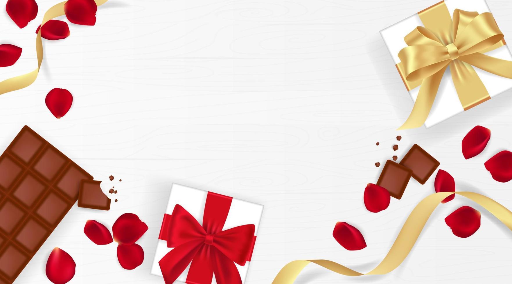 Happy Valentine's Day Background With Rose petals, Chocolate And Gift Box vector background. Womens day, 8 march and holidays useful.