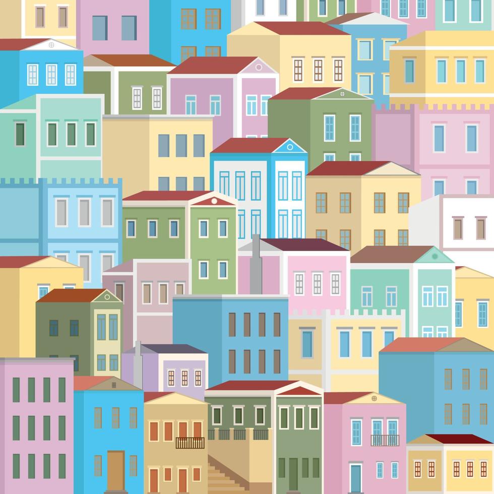 fondo cuadrado con muchas casas coloridas, vector plano, zona residencial, bienes raíces