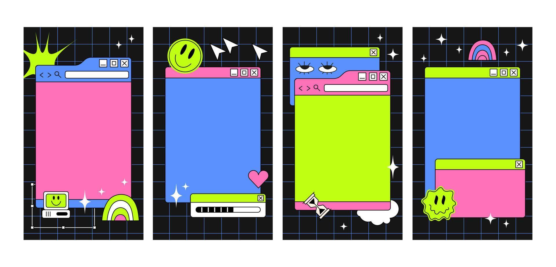 The template of stories in y2k style. Retro wave schedule design template. Acid bright design vector