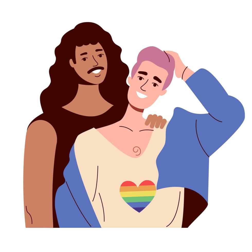 Two gay men smile and hug. Interracial lgbt, rainbow flag and love vector