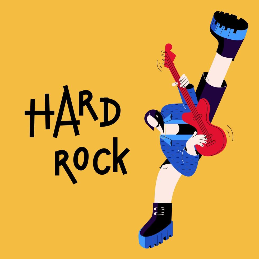 A musician with a guitar. Punk in shorts. Lettering Hard Rock. Anarchy and rock and roll vector