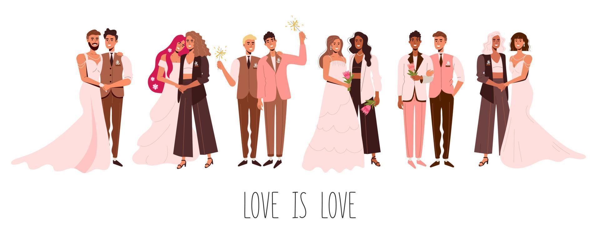 Gay and lesbian couples in love marry Love is love. LGBT community. An unconventional wedding. A man in a dress vector