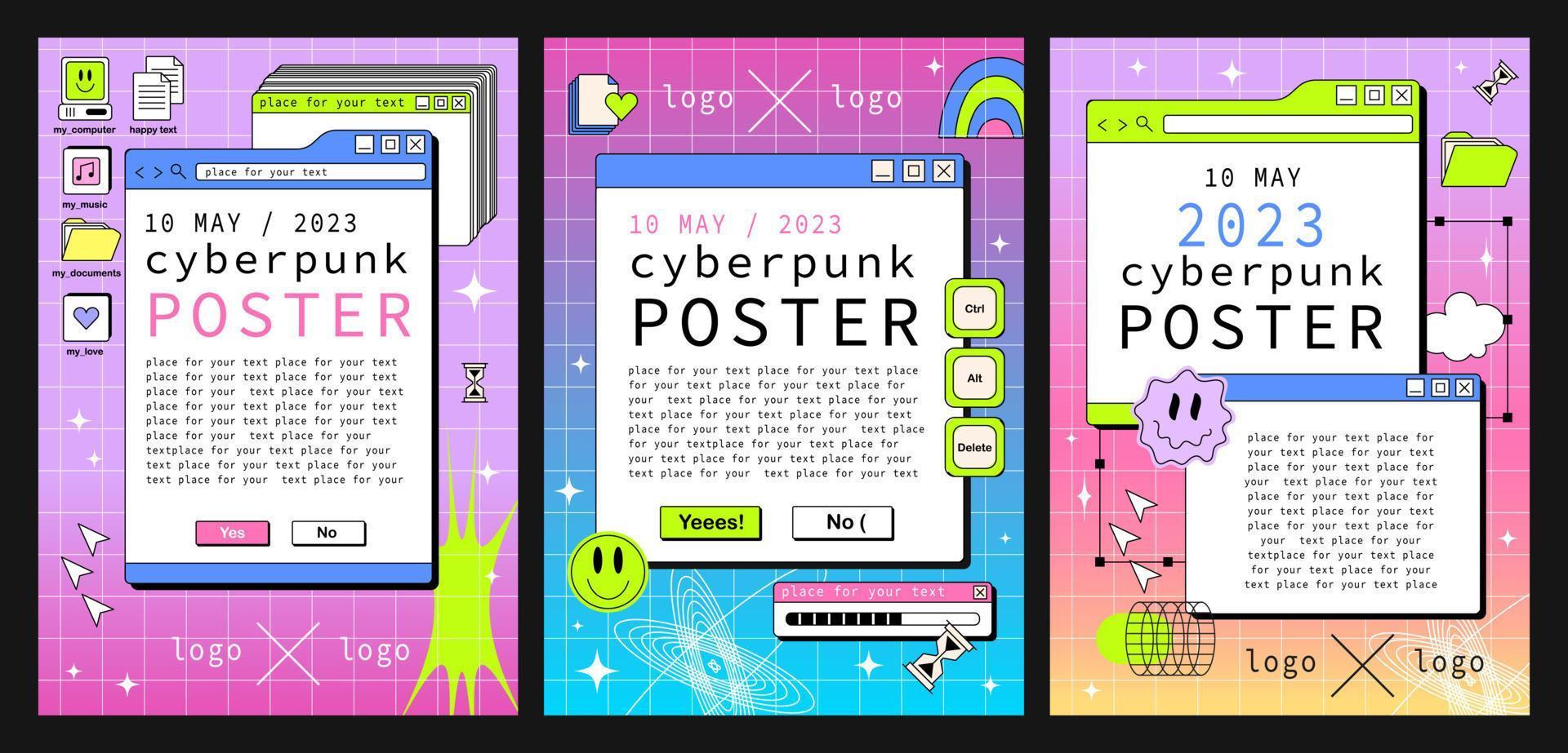 Set of posters with PC windows in the y2k style. Acid Retro interface of an old computer Copyspace template. vector