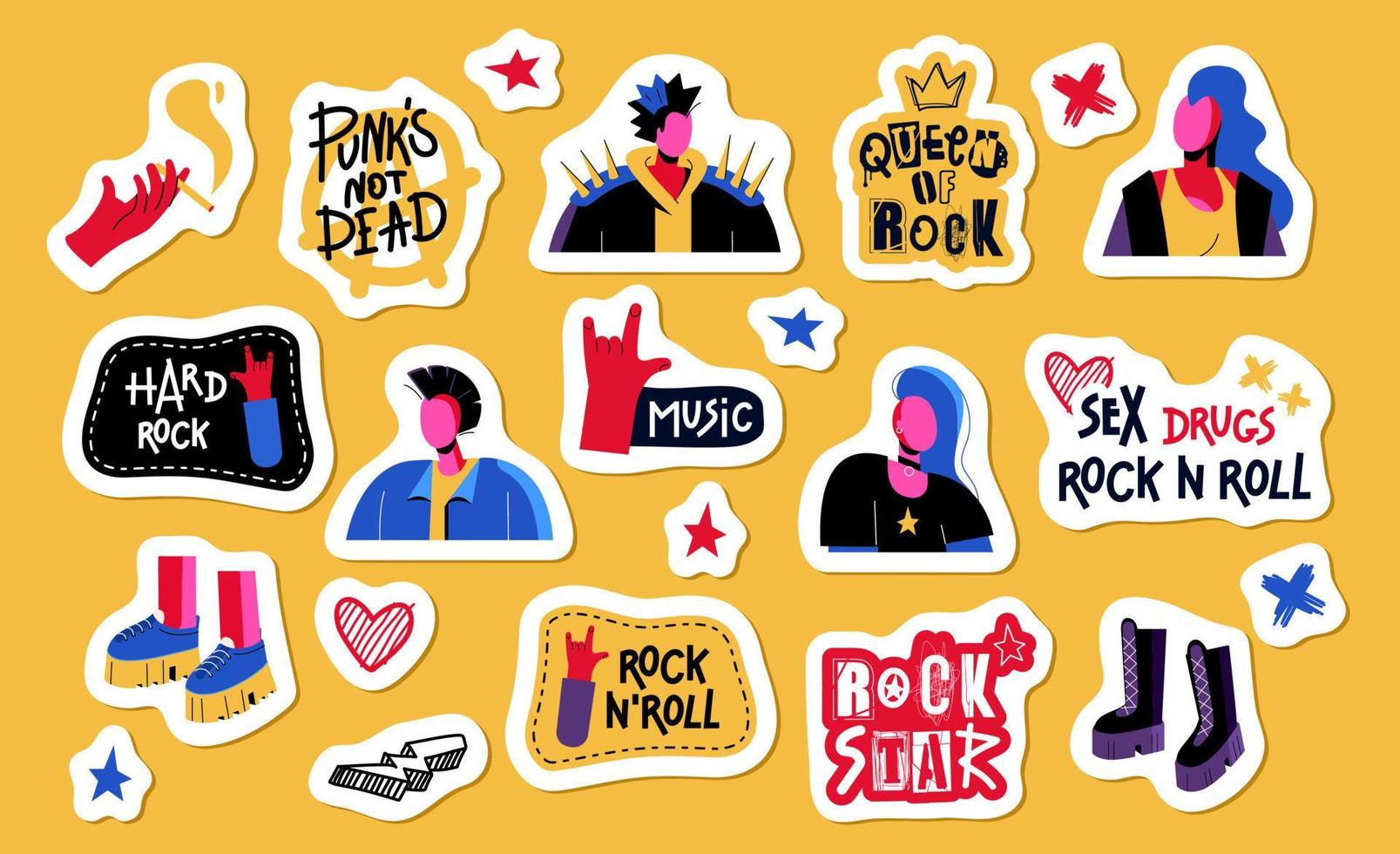 A set of stickers  rock punks, Mohawks, hard rock, rock and roll and anarchy. Horns, that rocks vector