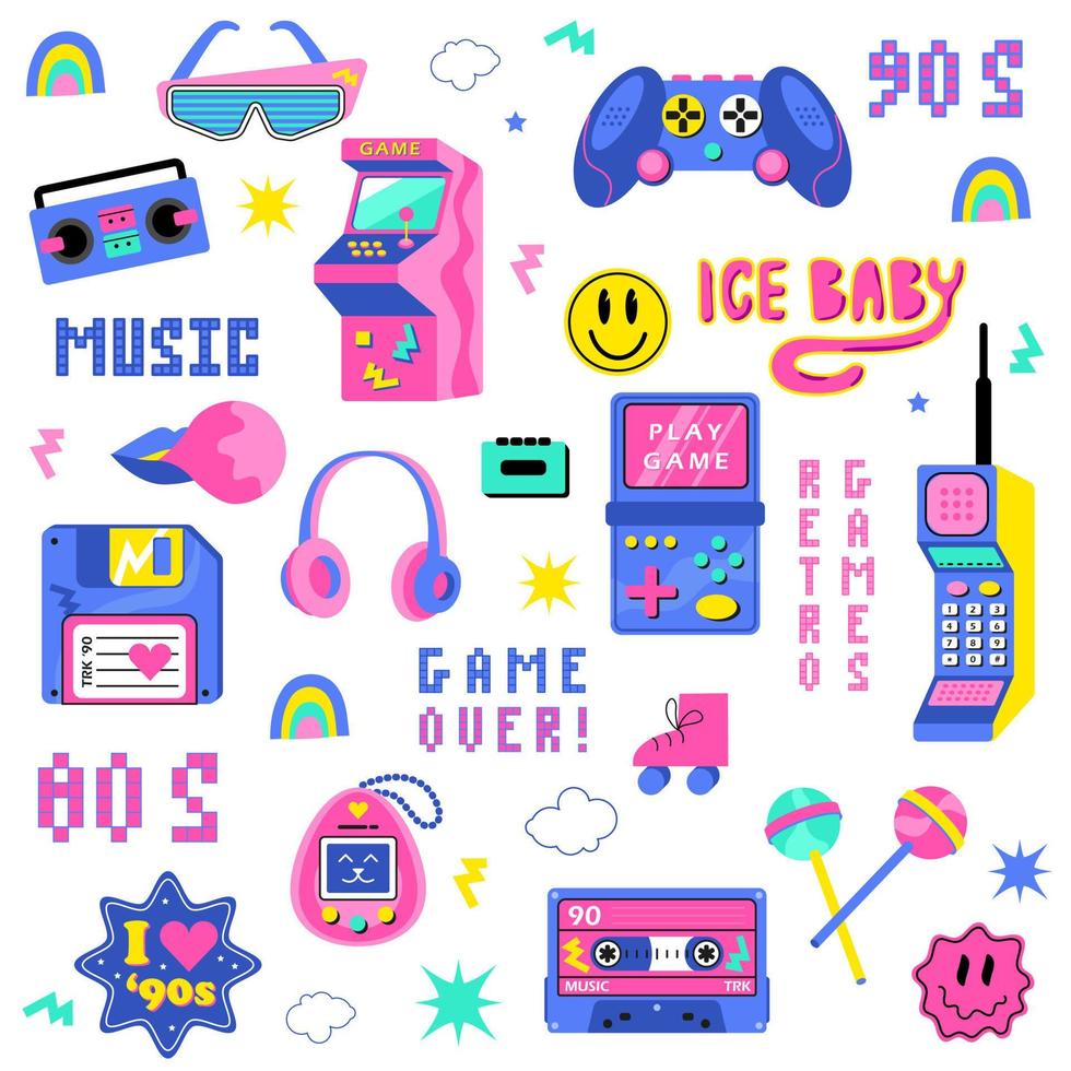 A large set of 90s, 80s. Retro games, cassette, arkanoid, joystick, console, floppy disk, headphones, pixels vector