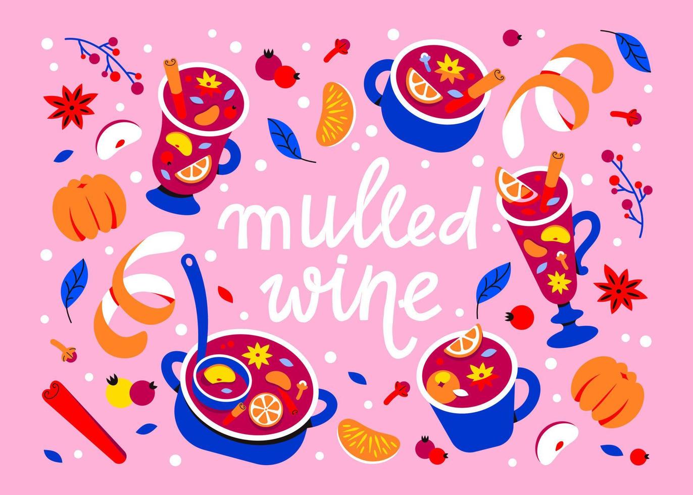 hot winter drinks are mulled wine, grog, punch or sangria. Wine in mugs and spices. Christmas bar menu vector