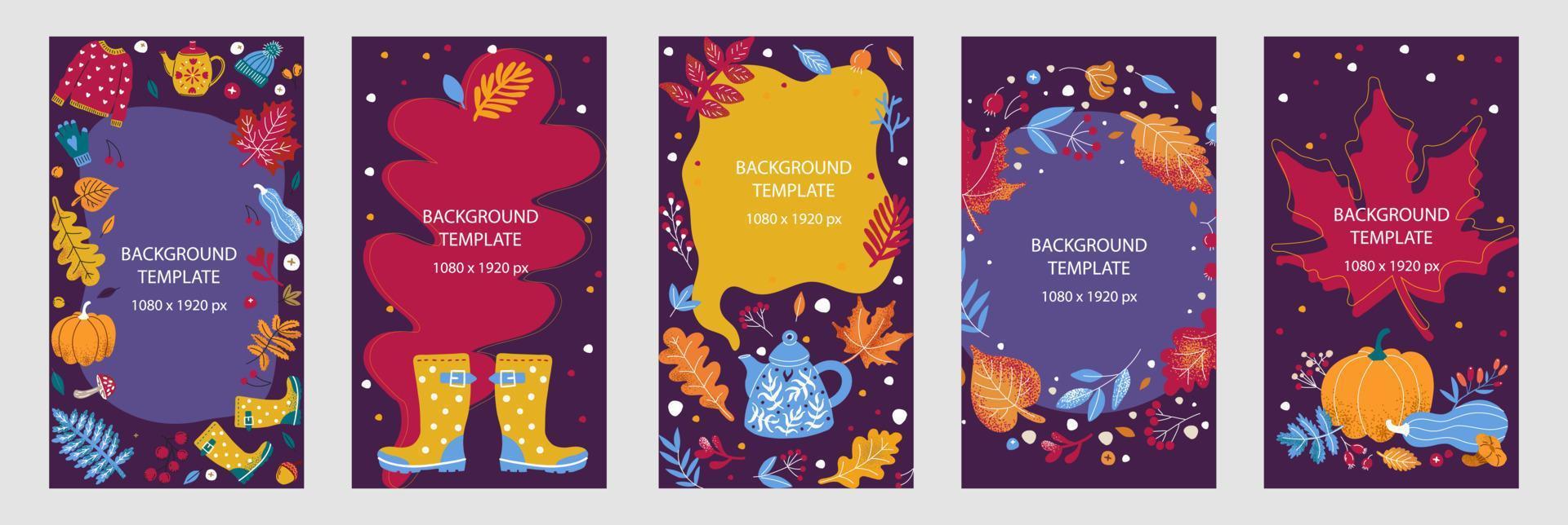 autumn template 1080x1920 for stories. Design with autumn cozy leaves, teapot, sweater   and copyspace on a purple background vector