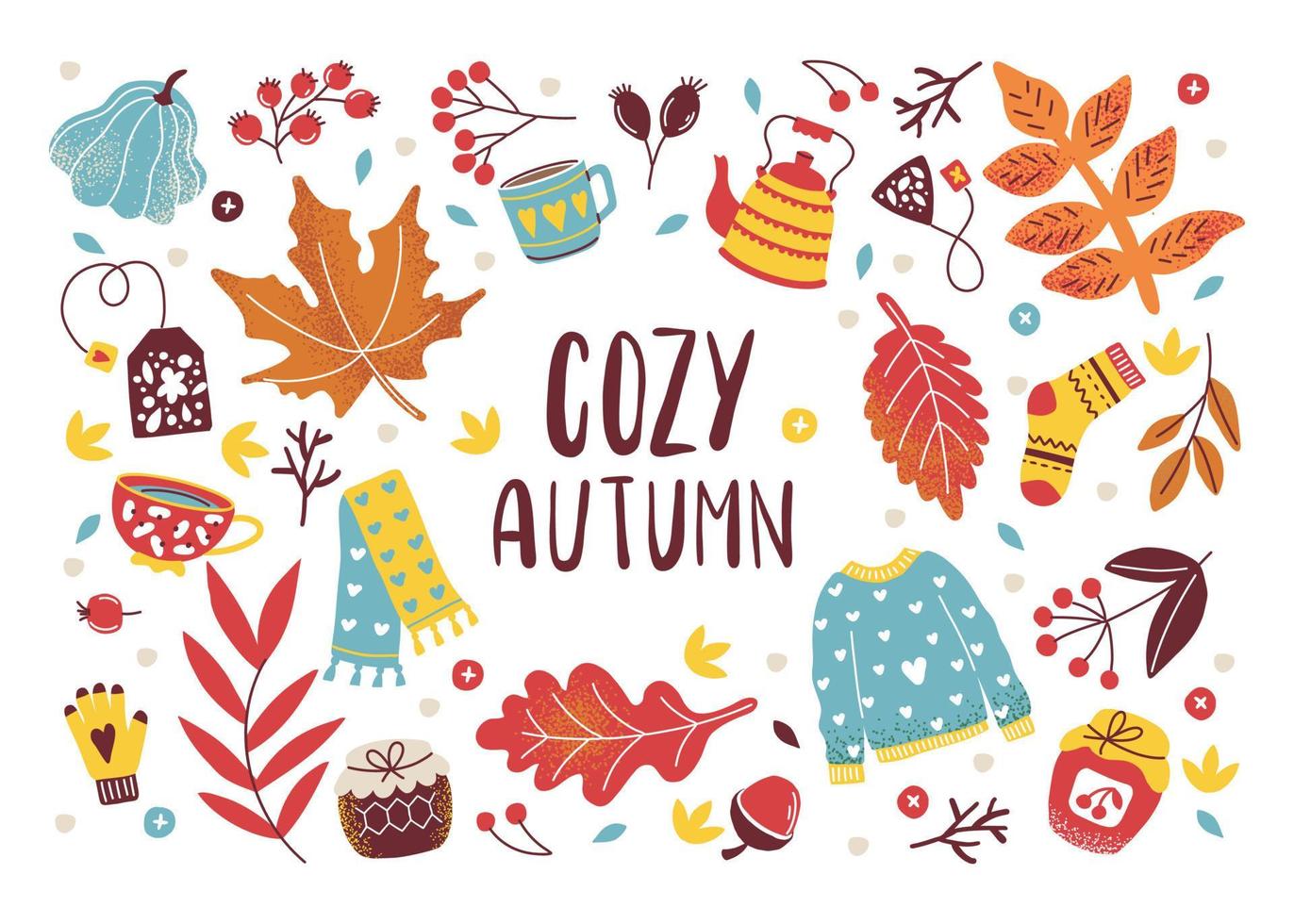 Autumn cozy sticker set with lettering. Pumpkin, sweater, harvest, yellow leaves, leaf fall, boots, acorn, mushroom on a white background vector