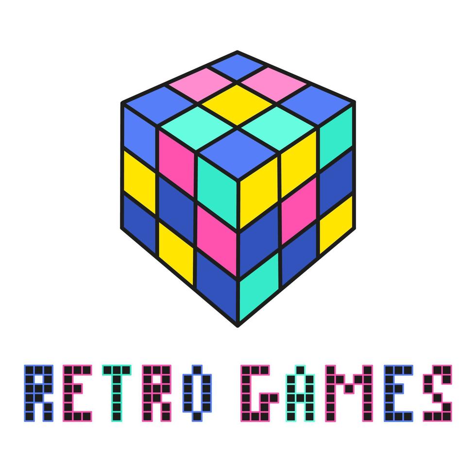 Multicolored cube, a retro children's game. Nostalgia of the 90s, 80s. Neon children's toy retro wave vector