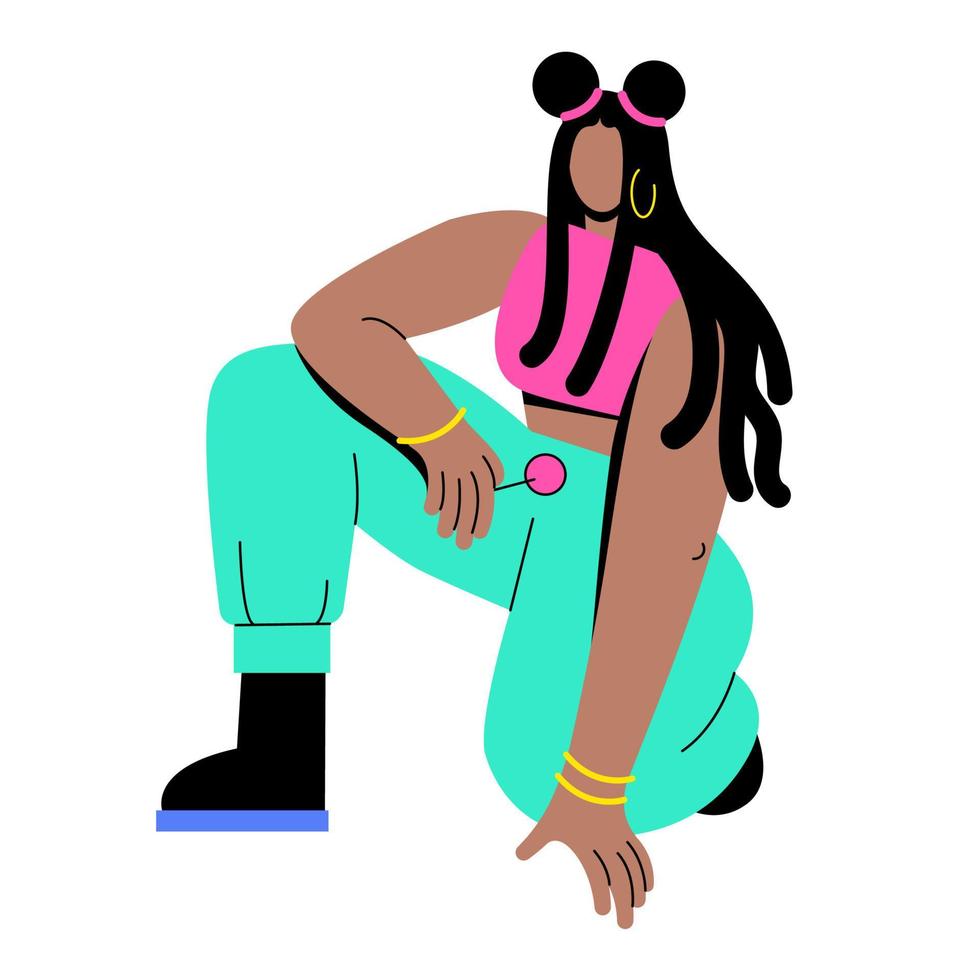 A dark-skinned girl with dreadlocks and trousers in the 90s or 2000s sat down. Young stylish woman holding a lollipop vector