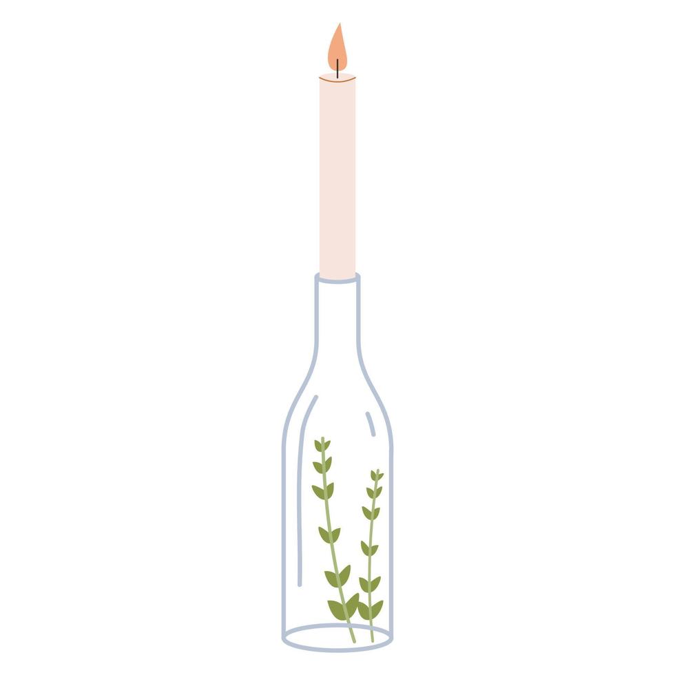 A bottle, a candlestick and a candle. Wedding decor for a cozy evening. Table decoration. Serving vector