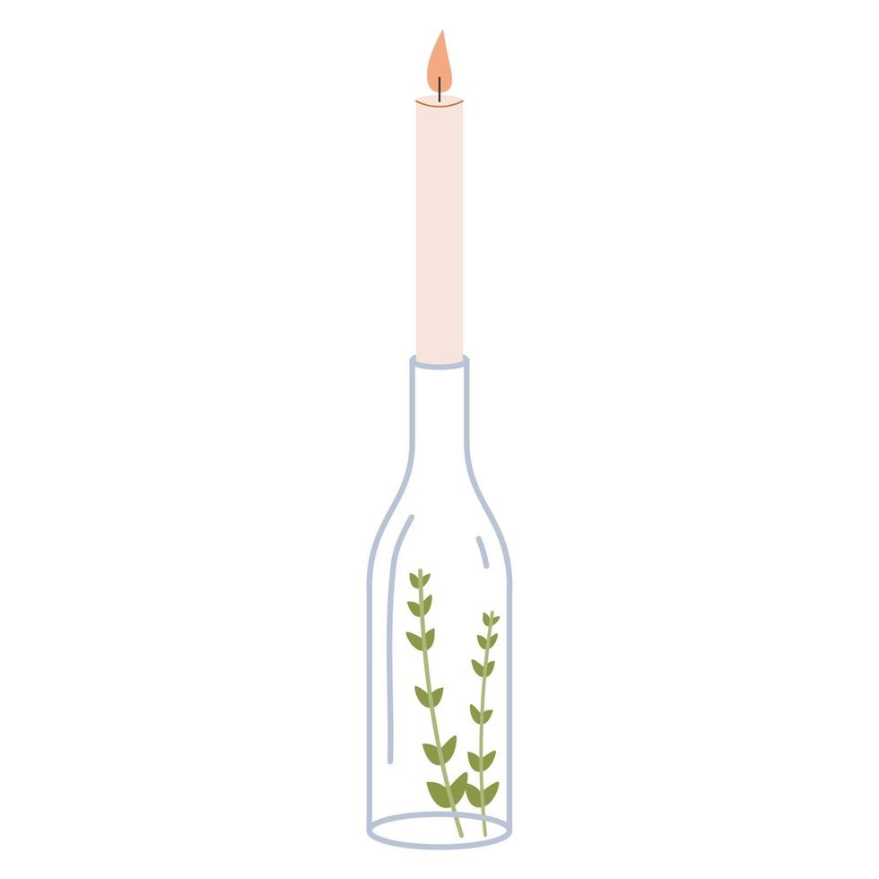 una botella, un candelabro y una vela. decoración de la boda para una velada acogedora. decoración de mesa servicio vector