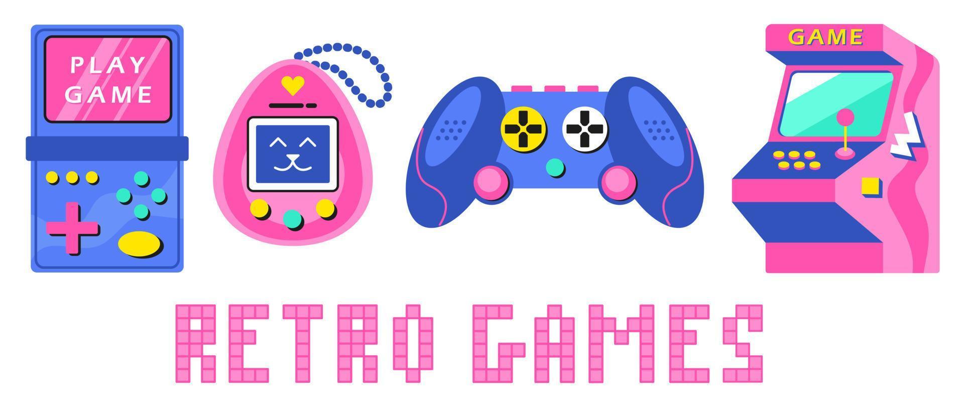 un conjunto de juegos retro de los años 90, 80. viejos juegos electrónicos tamagotchi, palanca de mando, consola, arcada, máquina tragamonedas vector