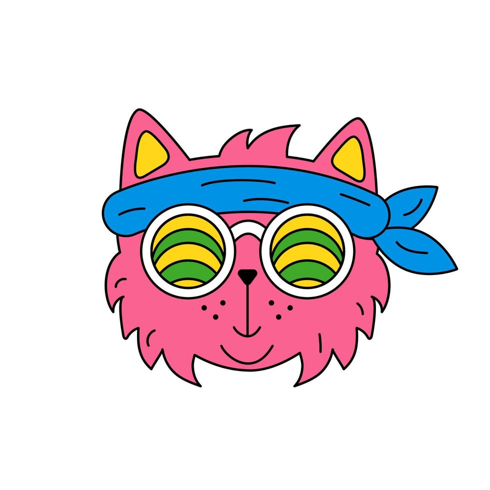 A cat with hippie glasses. A kitten in retro style. Sticker for children, animal logo, icon vector